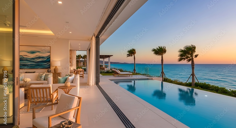 Fototapeta premium Luxury villa with ocean view infinity pool and sunset, blending indoor and outdoor living seamlessly
