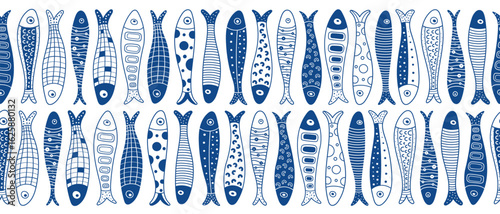 Vector seamless horizontal border with fish. Cute illustration. Sardines, salmon, tuna, tilapia.
