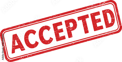 Red and white rectangular rubber stamp with the word accepted in bold red lettering isolated on transparent background