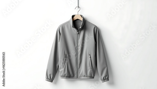 Minimalist Studio Shot of Gray Jacket on Wooden Hanger Fashion
