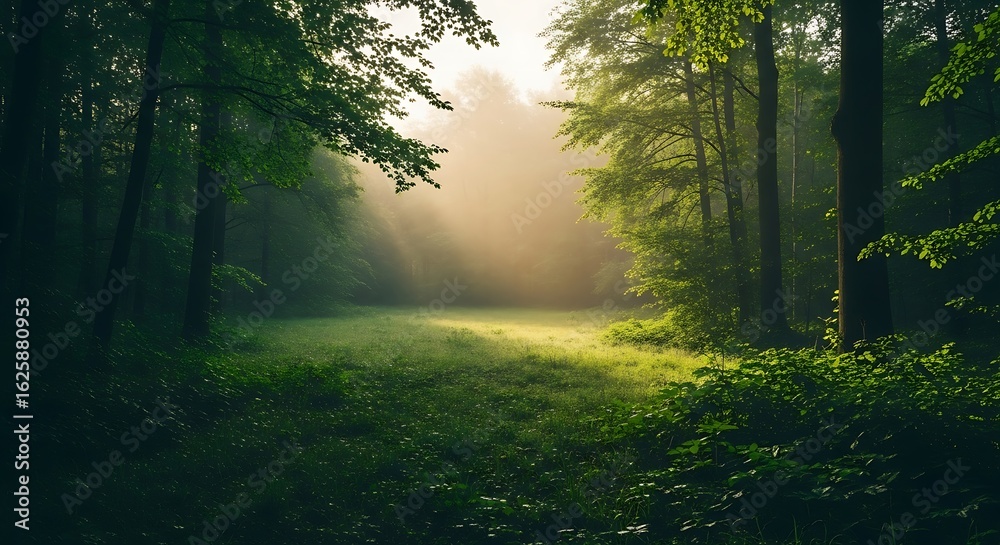 Obraz premium Enchanting sunlit meadow in a forest with lush greenery and mystic atmosphere