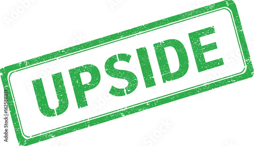 Green distressed rubber stamp with the word upside printed in bold uppercase letters isolated on transparent background