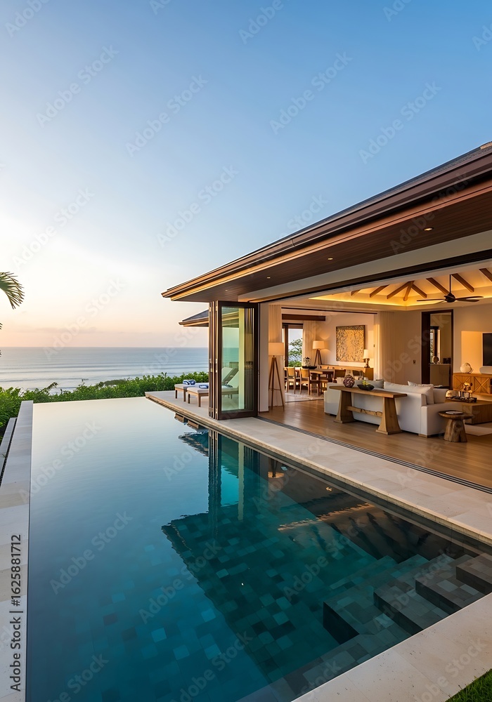 Fototapeta premium Tranquil ocean view from a luxury villa with infinity pool blending into the horizon