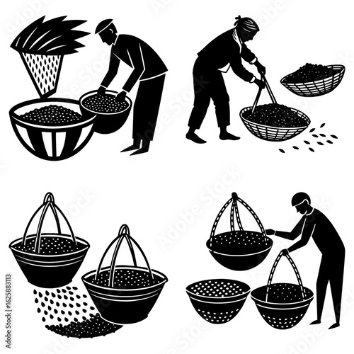 Illustrative depiction of agricultural workers harvesting and processing crops in a traditional manner