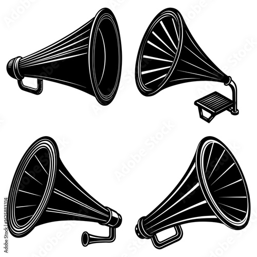 Illustration of four vintage style black and white megaphones in various orientations on a white background