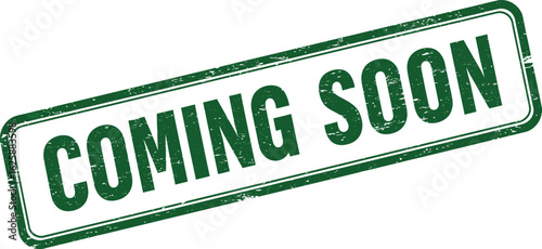 Retro distressed green and white coming soon sign with textured lettering and border isolated on transparent background