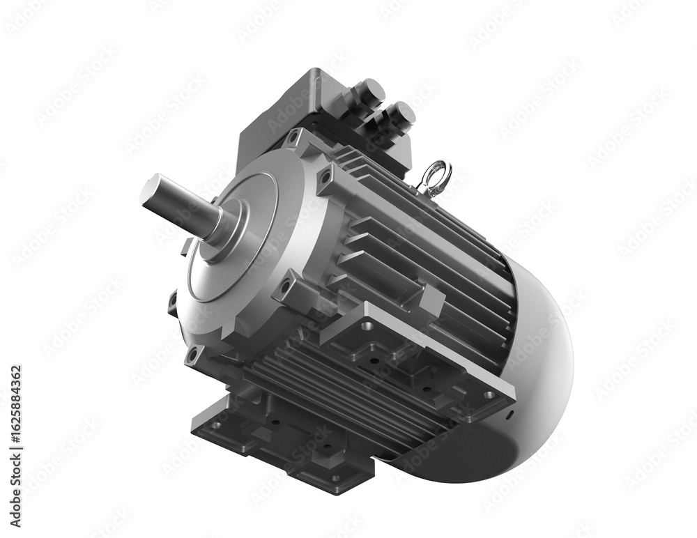 Naklejka premium Industrial electric motor, a vital component for machinery and automation, depicted in high detail. This isolated 3D render is presented on a PNG Transparent HD Background, perfect for design and