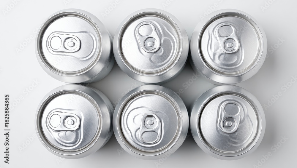 Six aluminum beverage cans, tops up, on white background Six aluminum beverage cans, tops up, on white background