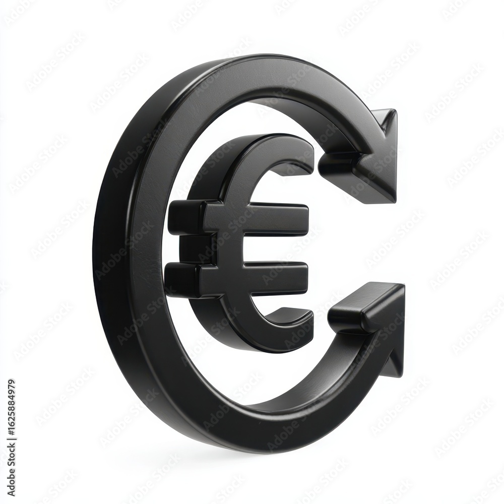 Obraz premium Black euro symbol with circular arrow isolated on white background