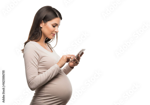 Pregnant woman holding her belly and using a smartphone, isolated on a transparent background