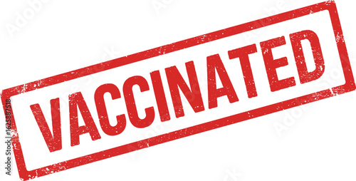 Red distressed rubber stamp with the word vaccinated in bold white letters isolated on transparent background