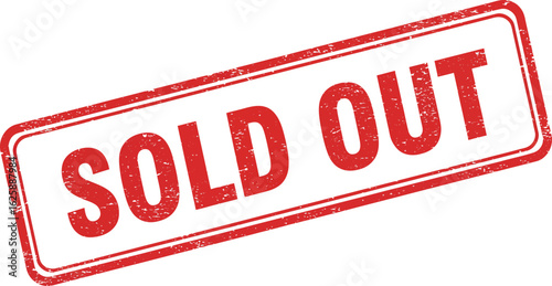 Red and white rectangular rubber stamp with the words sold out in bold red letters isolated on transparent background