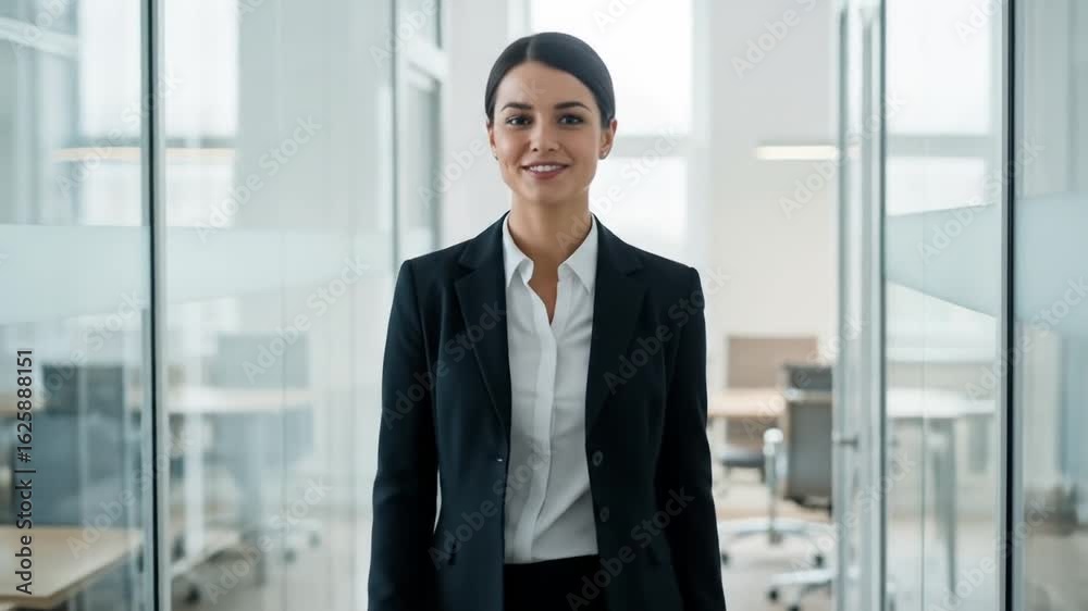 Smiling Woman in Black Suit Posing at Glass Door Office Entrance in Bright Lighting Smiling Woman in Black Suit Posing at Glass Door Office Entrance in Bright Lighting