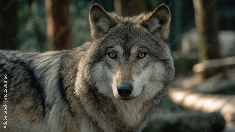 Fototapeta premium Close-up of a gray wolf in a forest setting