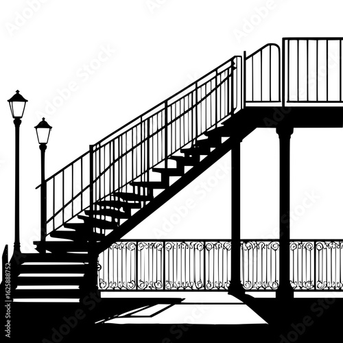Vector silhouette of railing and steps at city overpass