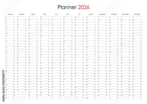 Yearly Wall Planner for the Year 2026 Annual One Page