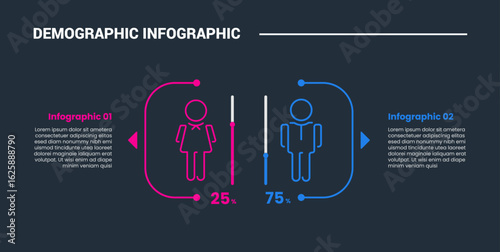 Demographic concept infographic process diagram with open round container with vertical percentage bar with dark background bright outline style