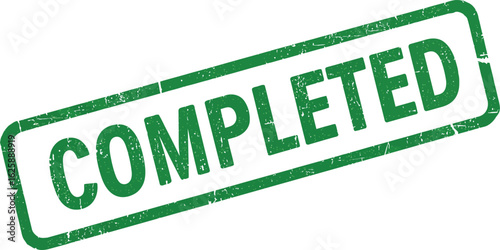 Green completed stamp with textured grunge effect isolated on transparent background