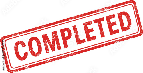 Red rectangular stamp with the word completed in grunge texture isolated on transparent background