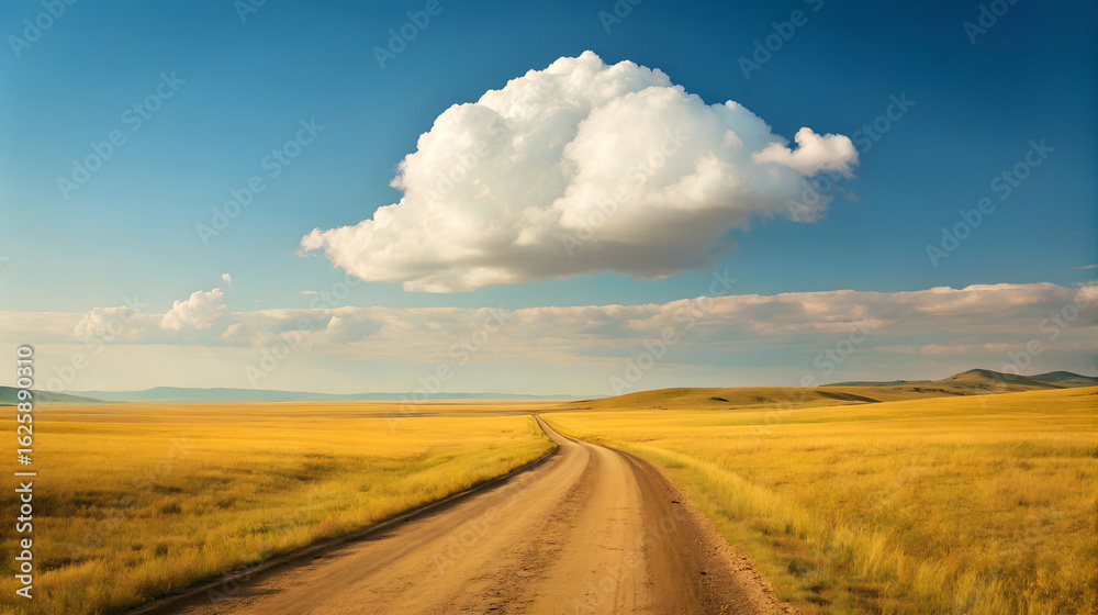 Naklejka premium Dirt road leads through golden prairie under a dramatic cumulus cloud