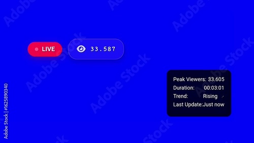Minimalist live streaming interface with viewer count and statistics panel on clean blue gradient background. Perfect for modern streaming platforms and content creation.