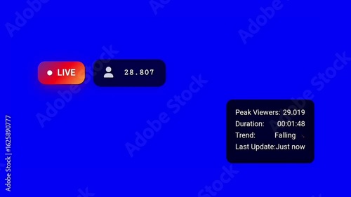 Live streaming interface showing viewer count and engagement metrics on blue gradient background. Perfect for content creators, social media platforms, and digital marketing presentations.