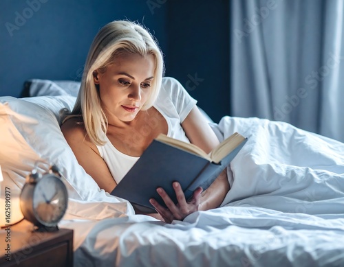 Woman relaxes in bed, reading a book at night