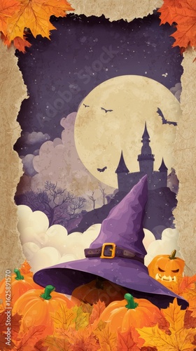 halloween background with torn parchment paper, witch hat with purple buckle, glowing jack-o'-lantern pumpkins, orange autumn leaves, spooky night sky with full moon and silhouette castle