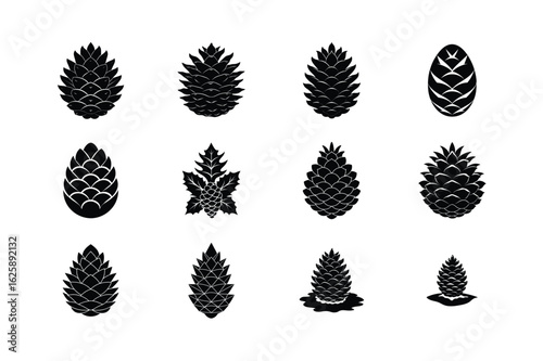 Pine Cone Silhouettes Vector Set Natural Forest Elements and Christmas Decoration Icons

