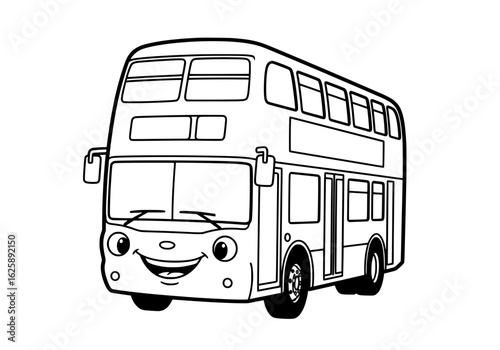 Friendly cartoon double-decker bus with a cheerful face, perfect for children's transport themes