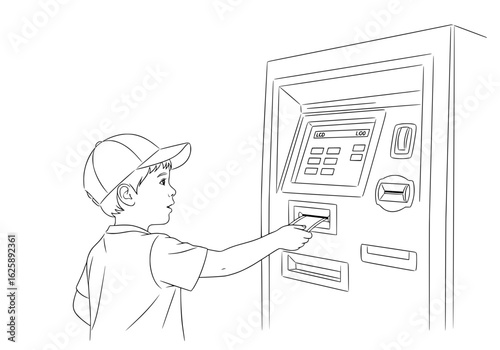 Young boy uses ATM machine with credit card, learning financial independence early and safely