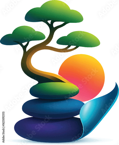 Canvas Print Zen Bonsai Tree with Stacked Stones and Sunset Gradient