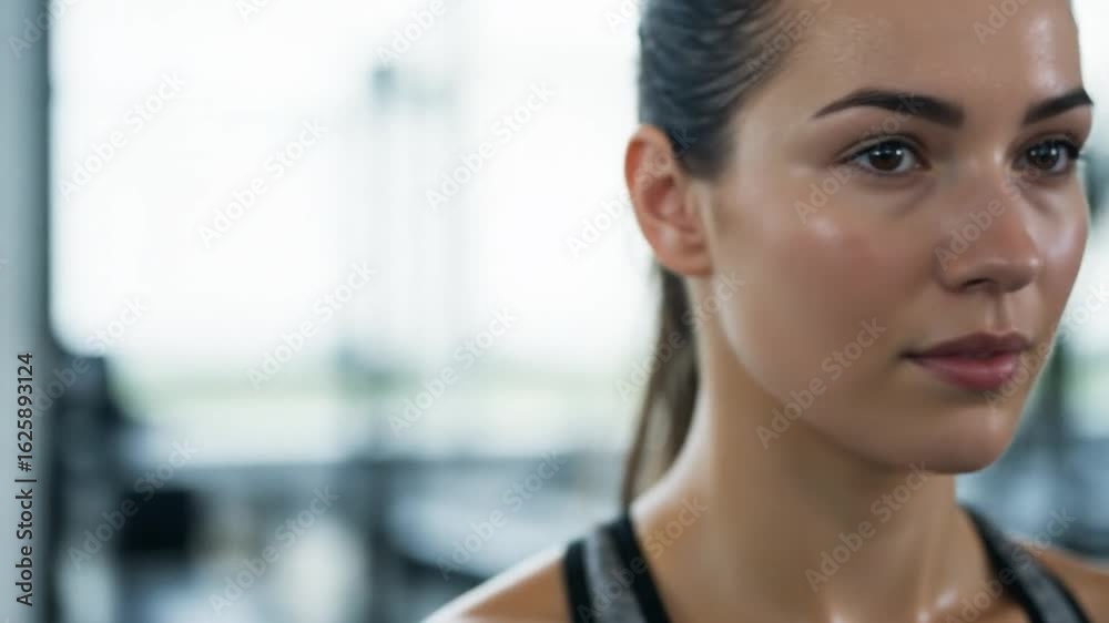 Close-up Portrait of Sweaty Sporty Woman After Workout at Gym 60 characters Close-up Portrait of Sweaty Sporty Woman After Workout at Gym 60 characters
