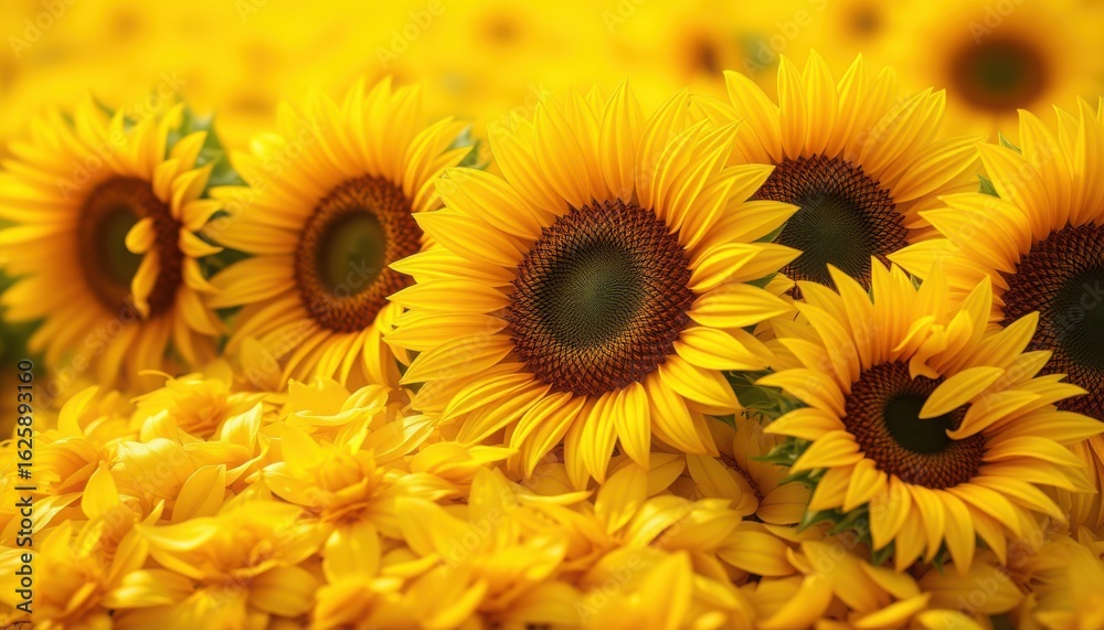 Fototapeta premium A close up view of a vibrant field of sunflowers in full bloom under the bright sunlight outdoors