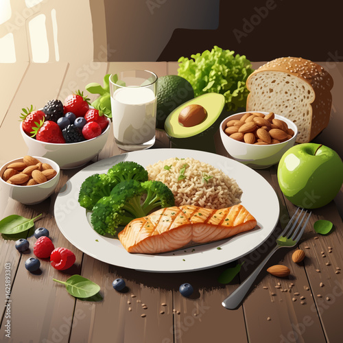 Balanced healthy meal illustration with grilled salmon brown rice broccoli fresh berries avocado and nuts.