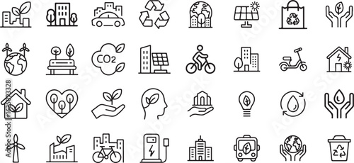 Green city icons set. Contains such icons as environmental, green energy, zero waste, use bike, bio filter, sustainable development, autonomous building, air a quality and more