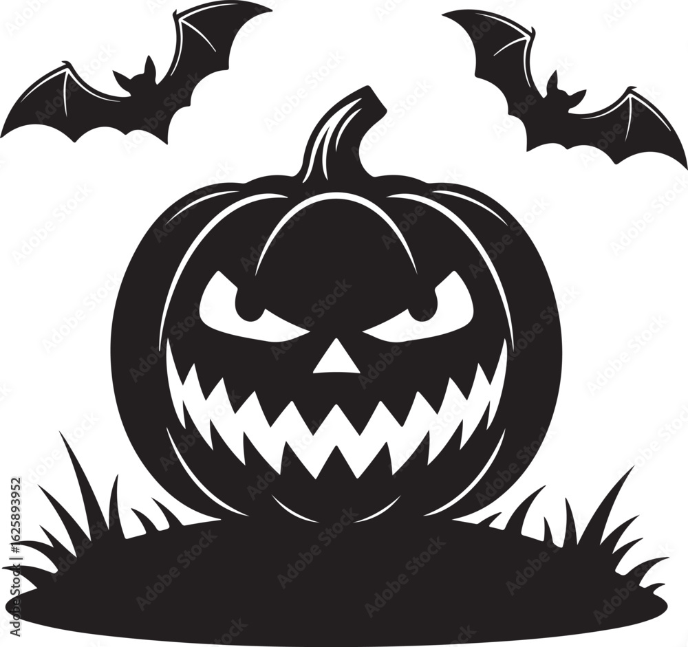 Fototapeta premium Spooky halloween jack o lantern with bats and grass