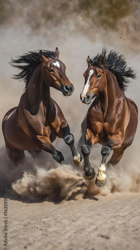 Obraz premium Aggressive stallion fight kicking up clouds of desert dust 32k, full ultra hd, high resolution