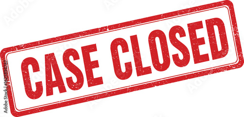 Red and white distressed rectangle sign with the words case closed in bold red letters isolated on transparent background