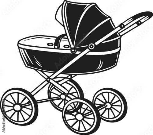 Black and white line drawing of a vintage baby carriage