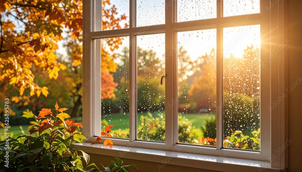 Fototapeta premium View from inside a rainy window, wet glass with drops, autumn garden or trees behind