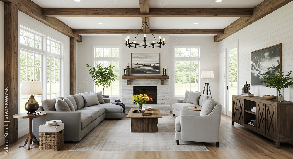 Fototapeta premium Elegant modern farmhouse living room with reclaimed wood, bright walls, frontal composition