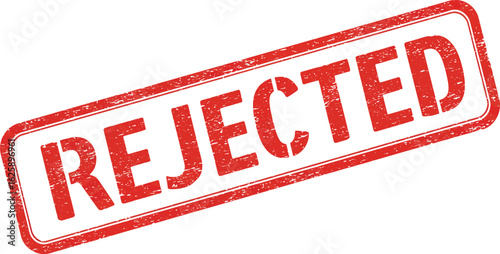 Red rejected stamp with textured border and faded letters isolated on transparent background