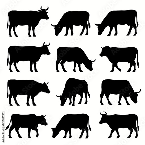 Elegant silhouette collection of grazing cows for branding or farm design projects