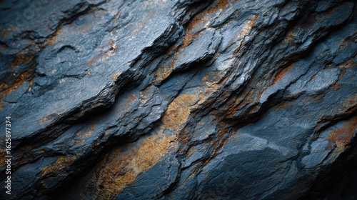 Close up view of weathered slate rock with striking blue gray and rusty brown textures