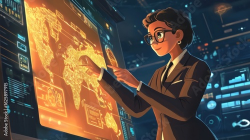 Woman points at world map