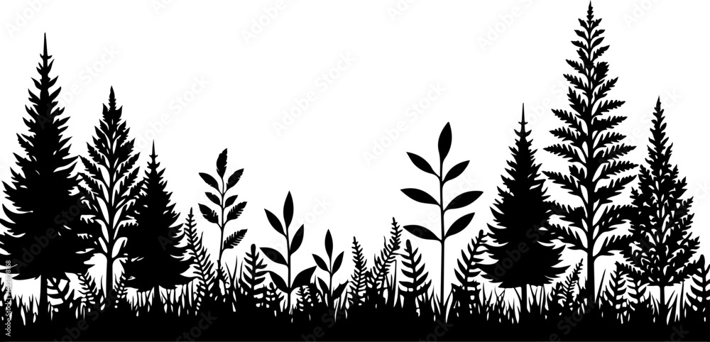 Naklejka premium Tree Silhouettes, Forest Shapes, Pine Trees,