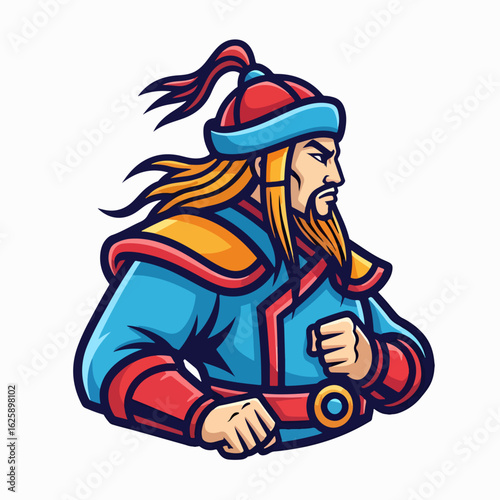 Cartoon mascot showing brave character with determined expression. Mascot design portrays strong warrior with long beard, suitable for brand identity and logo creation,