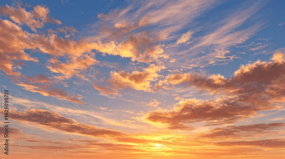 Obraz premium Heavenly Skies: A breathtaking view of a vast, expansive sky, adorned with soft, fluffy clouds bathed in the warm hues of sunrise, evoking feelings of serenity and the wonders of nature.