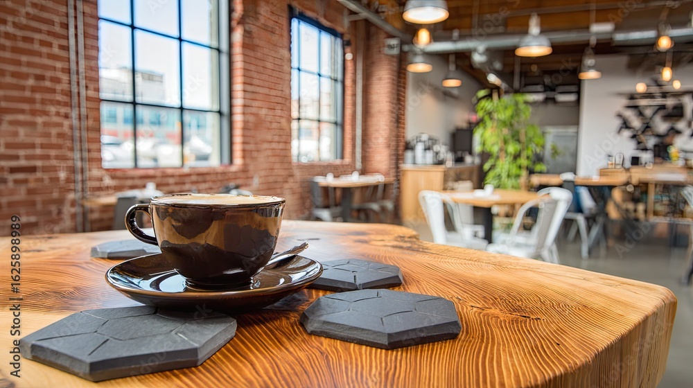 Fototapeta premium Dark coffee cup on a wooden table in a modern cafe.